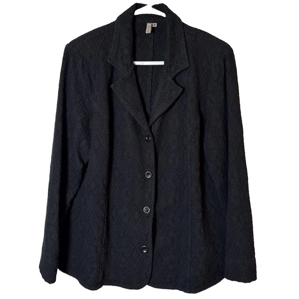 Focus Womens M Black Textured Cotton Button Front Blazer Jacket Lagenlook